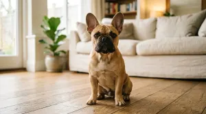 Fawn French Bulldog dog breed sitting on a sunlit wooden floor showing erect bat ears and compact frame