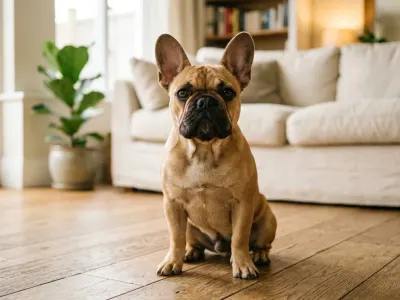 Fawn French Bulldog dog breed sitting on a sunlit wooden floor showing erect bat ears and compact frame
