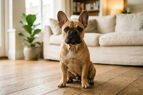 Fawn French Bulldog dog breed sitting on a sunlit wooden floor showing erect bat ears and compact frame