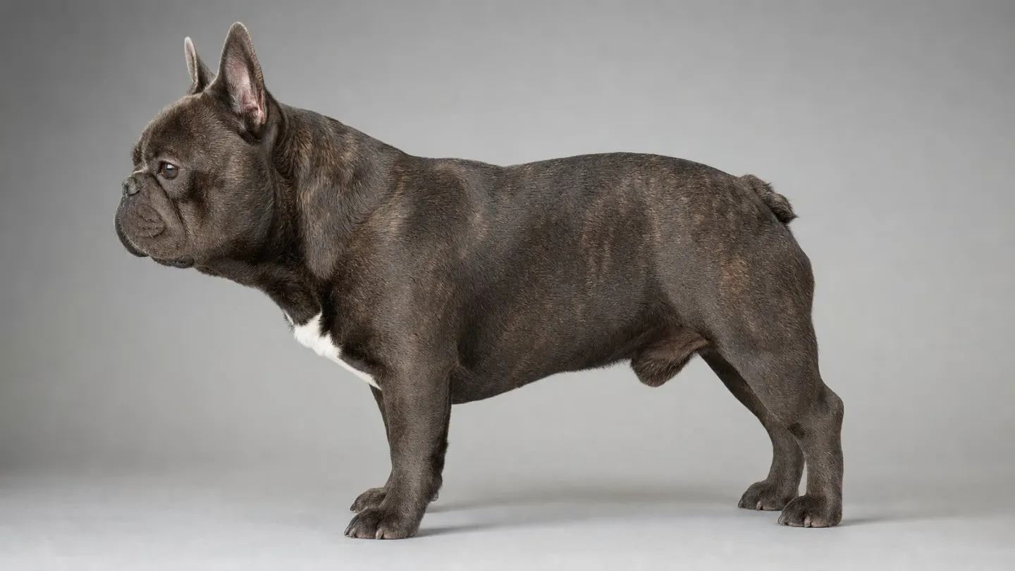 Side view of a French Bulldog demonstrating the breed standard muscular build and roach back topline