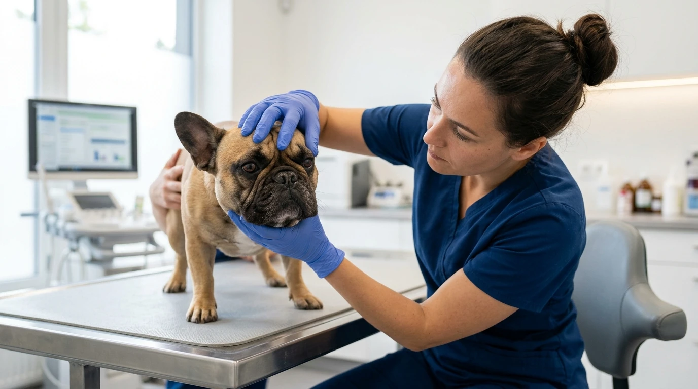 Veterinarian conducting a routine health examination on a French Bulldog's facial folds and airway