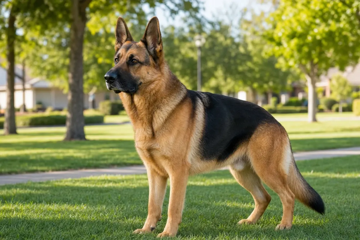 Regal adult German Shepherd standing on a green lawn in daylight representing the German Shepherd Dog breed standard.