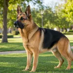 Regal adult German Shepherd standing on a green lawn in daylight representing the German Shepherd Dog breed standard.