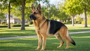 Regal adult German Shepherd standing on a green lawn in daylight representing the German Shepherd Dog breed standard.
