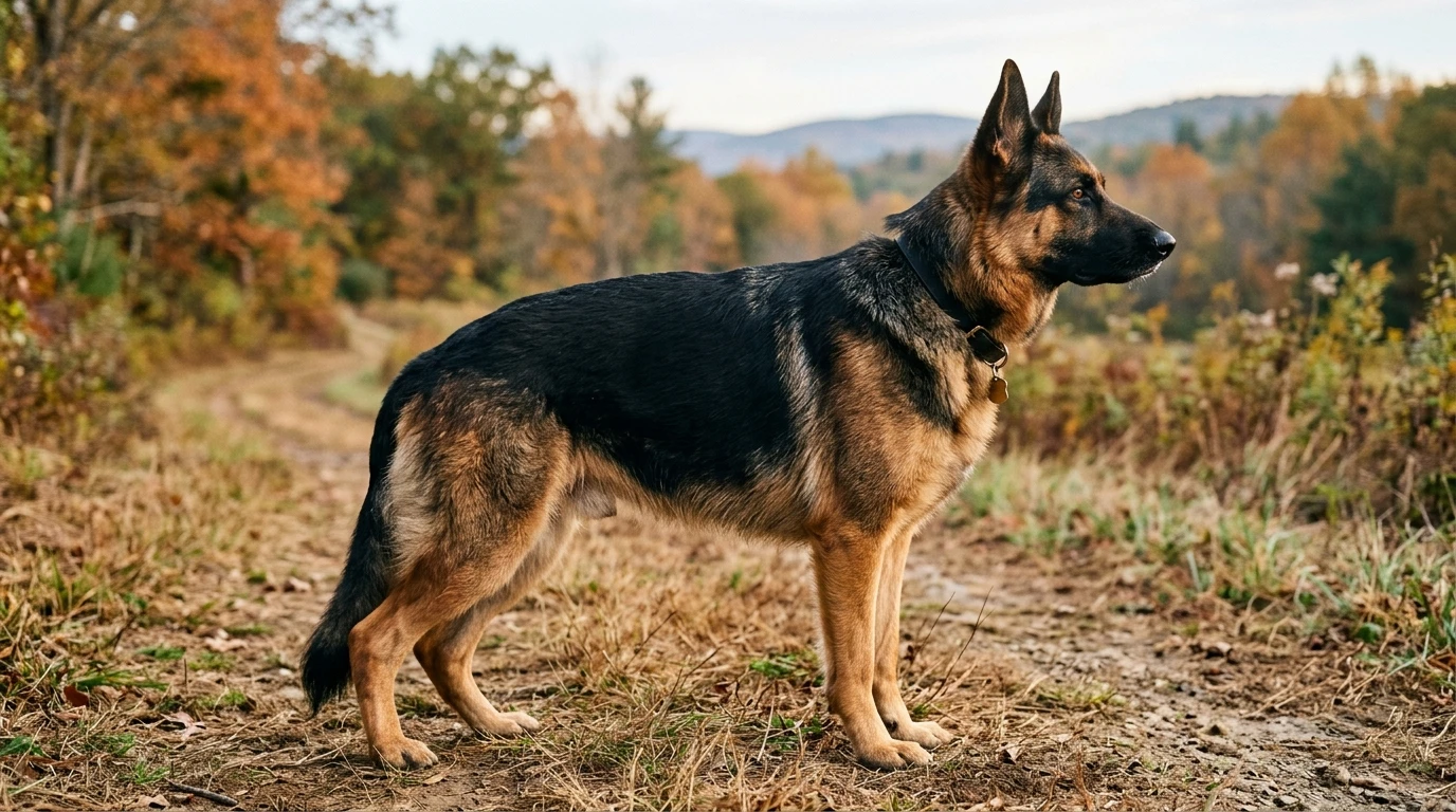 Side profile of a black and tan German Shepherd illustrating the physical characteristics and body proportions of the breed.