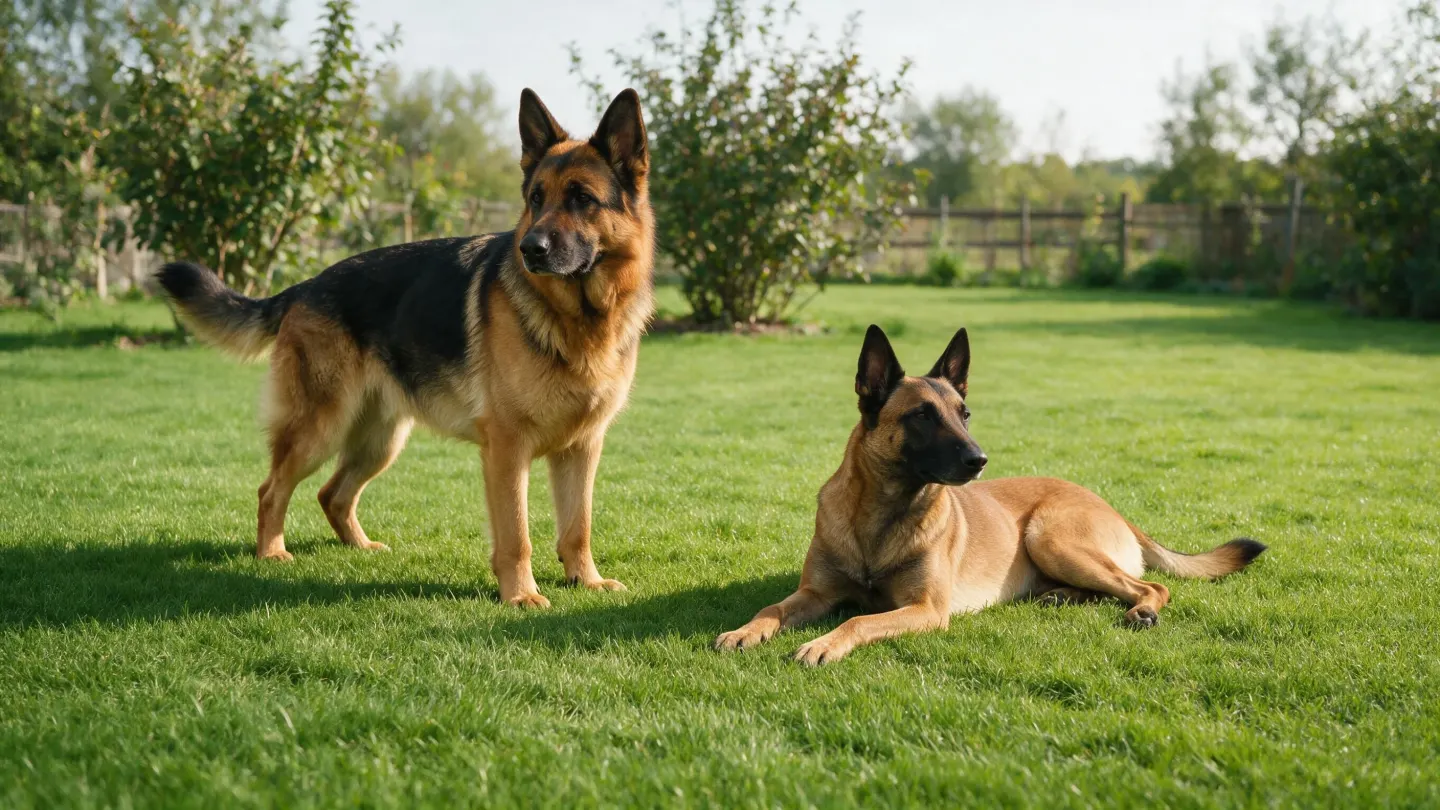 German Shepherd Dog next to a Belgian Malinois highlighting differences in coat structure and physique.