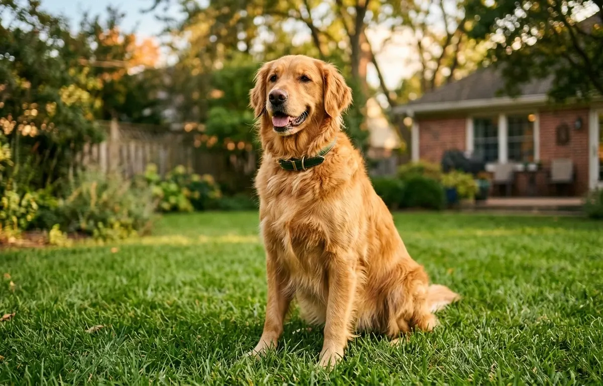 A healthy adult Golden Retriever dog sitting gracefully in a sunlit park, showcasing its rich golden coat.