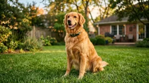 A healthy adult Golden Retriever dog sitting gracefully in a sunlit park, showcasing its rich golden coat.