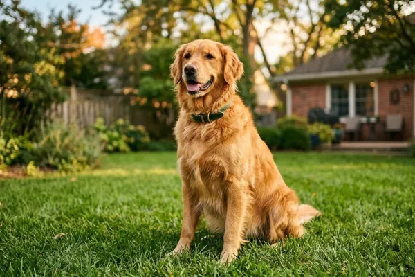 A healthy adult Golden Retriever dog sitting gracefully in a sunlit park, showcasing its rich golden coat.