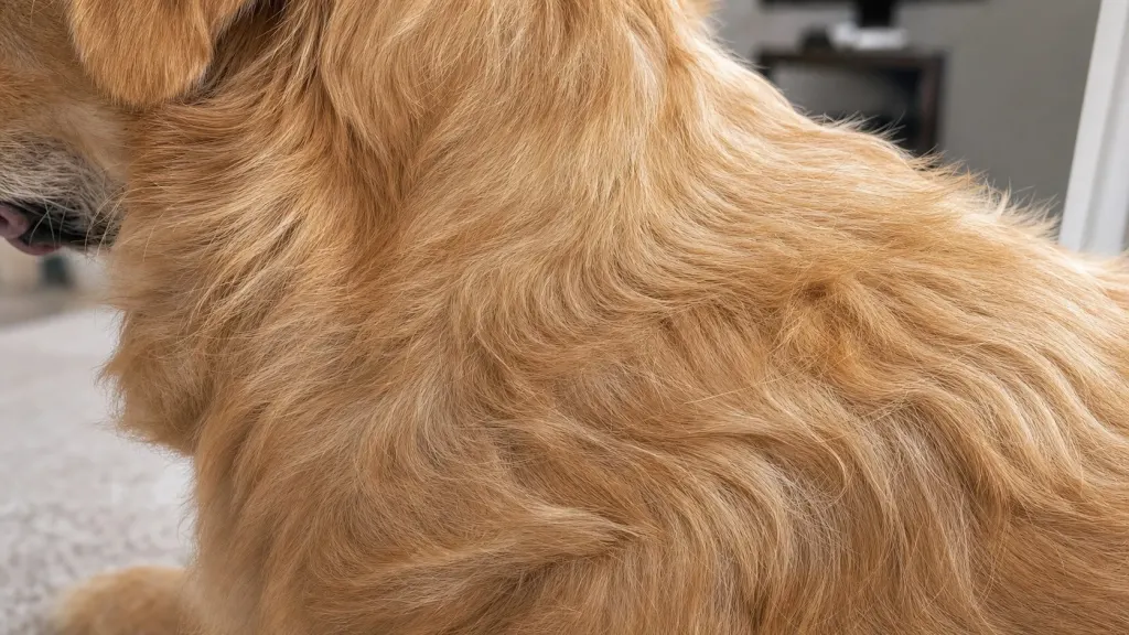 Close-up of Golden Retriever double coat texture and feathering