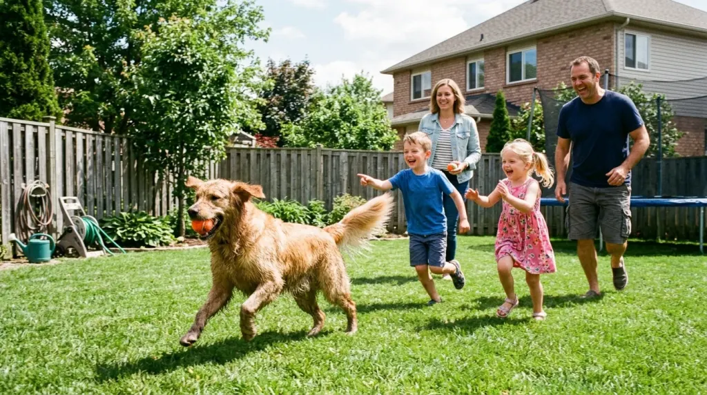 Golden Retriever playing fetch with family members outdoors