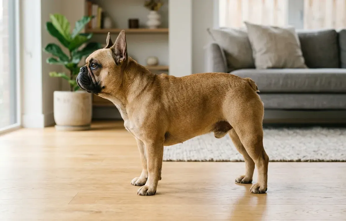 Full-grown adult French Bulldog standing in a living room displaying standard compact size and muscular build