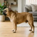 Full-grown adult French Bulldog standing in a living room displaying standard compact size and muscular build