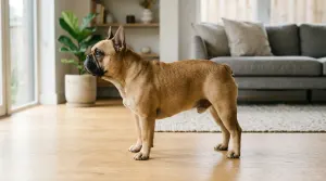 Full-grown adult French Bulldog standing in a living room displaying standard compact size and muscular build