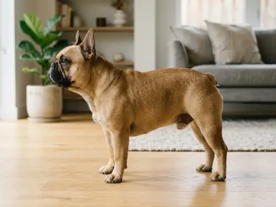 Full-grown adult French Bulldog standing in a living room displaying standard compact size and muscular build