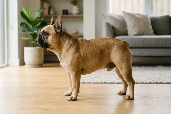 Full-grown adult French Bulldog standing in a living room displaying standard compact size and muscular build