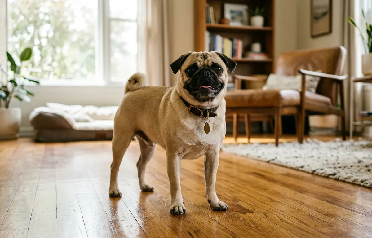 Healthy adult fawn Pug standing in a living room showing standard body shape and size