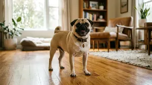 Healthy adult fawn Pug standing in a living room showing standard body shape and size