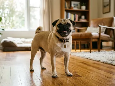 Healthy adult fawn Pug standing in a living room showing standard body shape and size