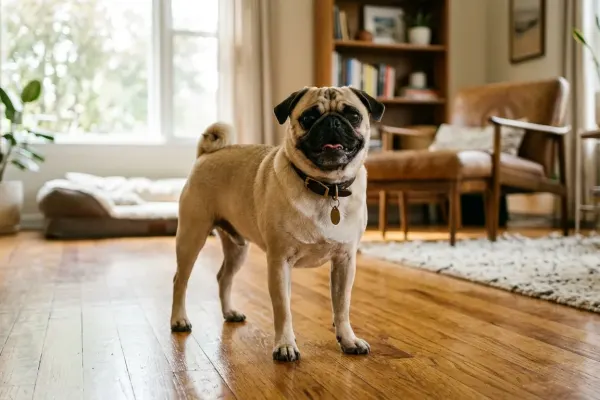 Healthy adult fawn Pug standing in a living room showing standard body shape and size