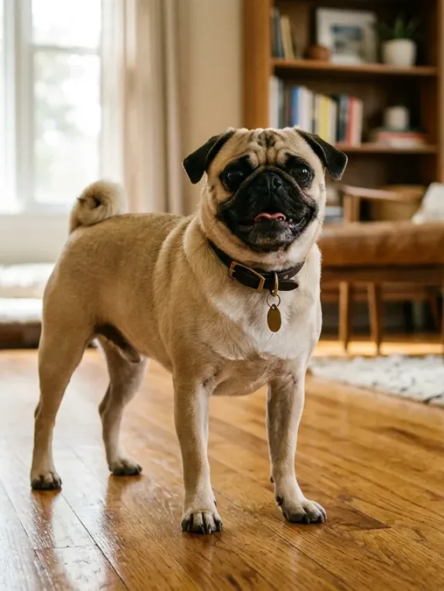 Healthy adult fawn Pug standing in a living room showing standard body shape and size