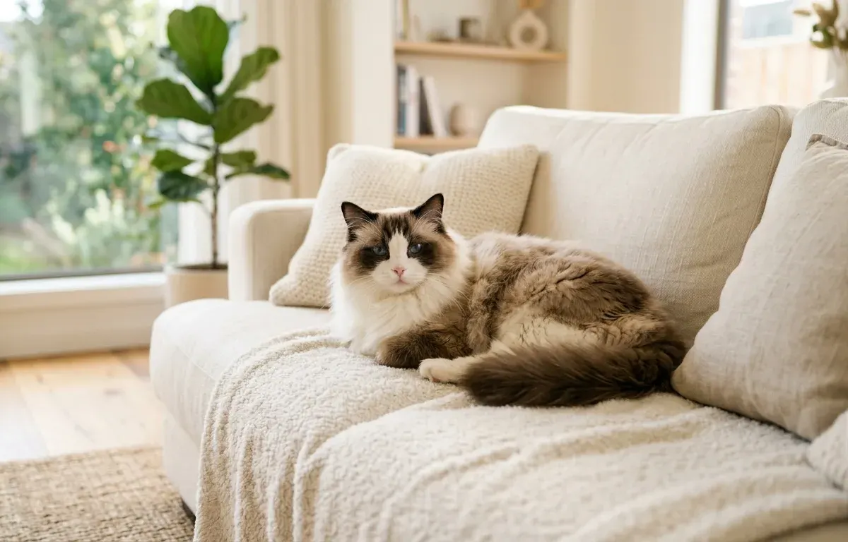 Full grown adult male Ragdoll cat resting on a living room sofa showing large size and plush coat