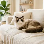 Full grown adult male Ragdoll cat resting on a living room sofa showing large size and plush coat