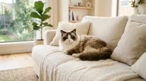 Full grown adult male Ragdoll cat resting on a living room sofa showing large size and plush coat