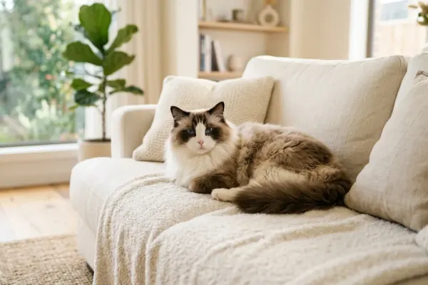 Full grown adult male Ragdoll cat resting on a living room sofa showing large size and plush coat