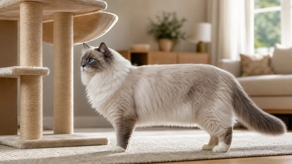 Adult male Ragdoll cat standing next to a cat tree demonstrating length and body size