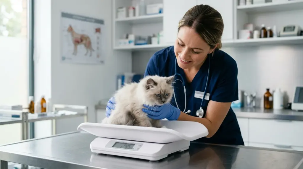 Young Ragdoll cat being weighed on a scale during a growth checkup