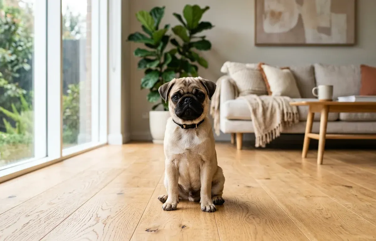 Fawn Pug sitting calmly in a bright room representing Pug Dog Encephalitis health risk facts