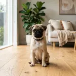 Fawn Pug sitting calmly in a bright room representing Pug Dog Encephalitis health risk facts