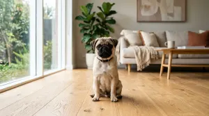 Fawn Pug sitting calmly in a bright room representing Pug Dog Encephalitis health risk facts