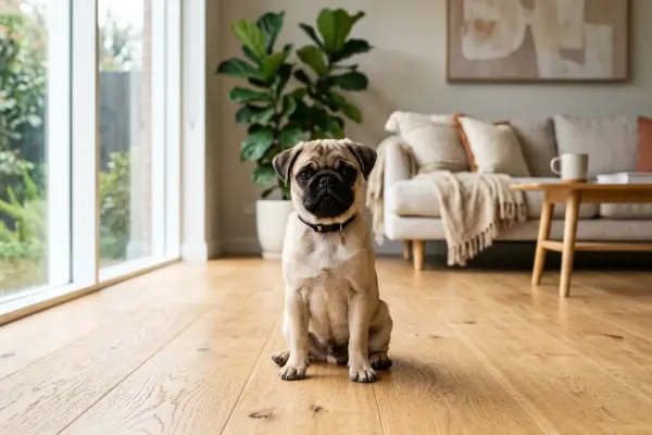 Fawn Pug sitting calmly in a bright room representing Pug Dog Encephalitis health risk facts