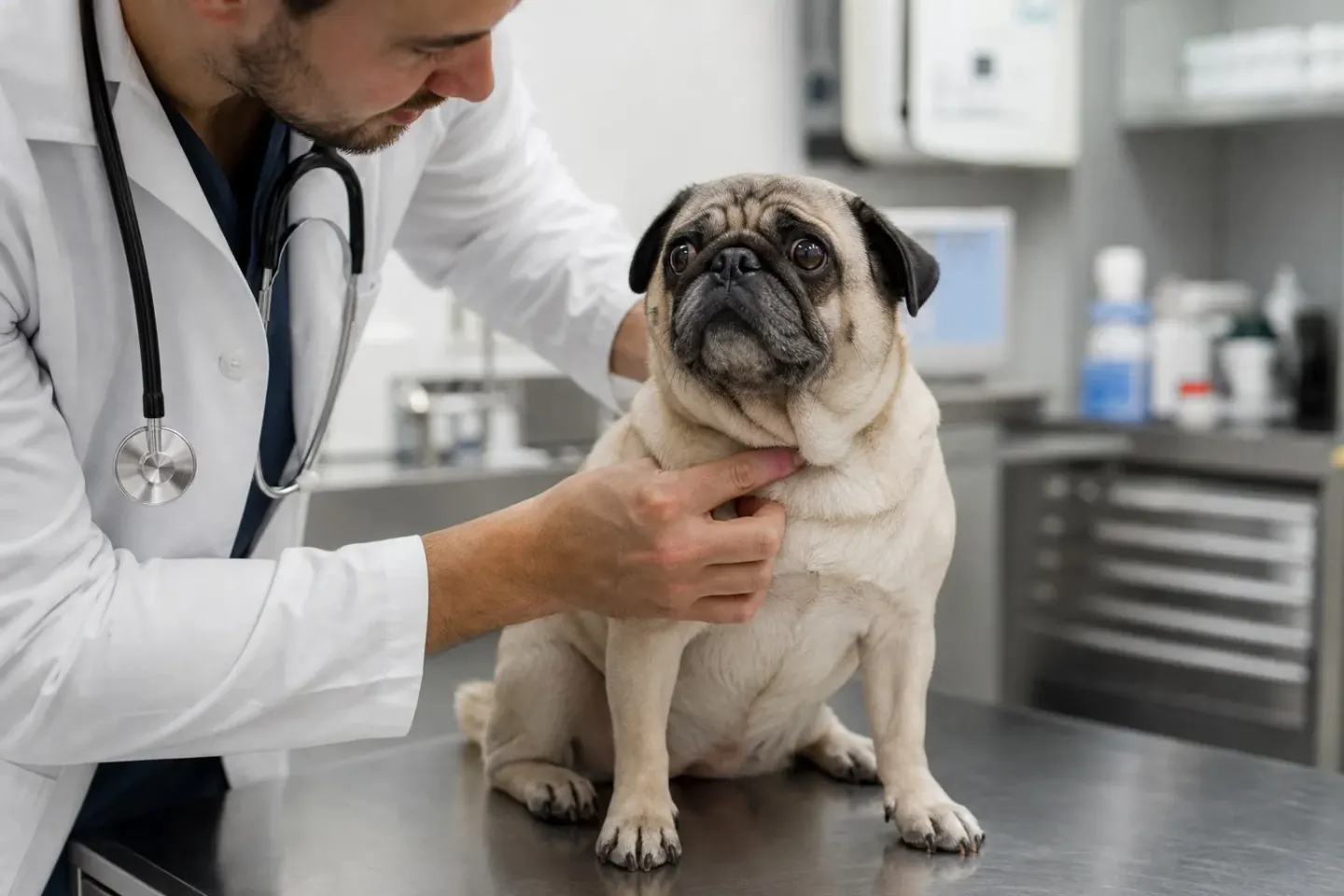 Veterinarian conducting a health exam on a Pug for neurological symptoms