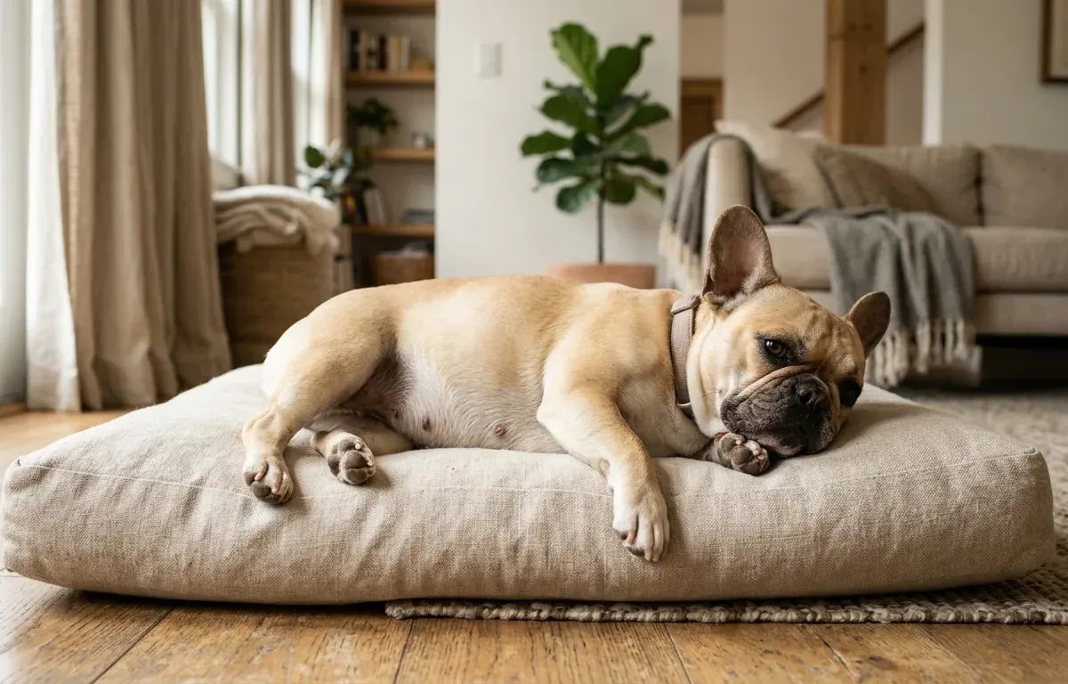 A pregnant French Bulldog resting comfortably in a brightly lit home environment.