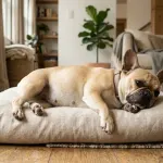 A pregnant French Bulldog resting comfortably in a brightly lit home environment.