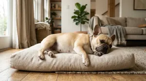 A pregnant French Bulldog resting comfortably in a brightly lit home environment.