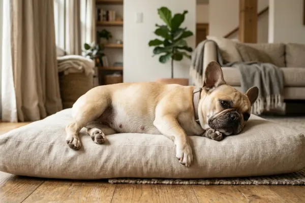A pregnant French Bulldog resting comfortably in a brightly lit home environment.