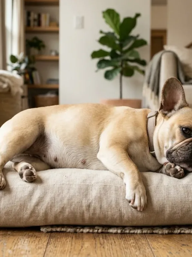 A pregnant French Bulldog resting comfortably in a brightly lit home environment.