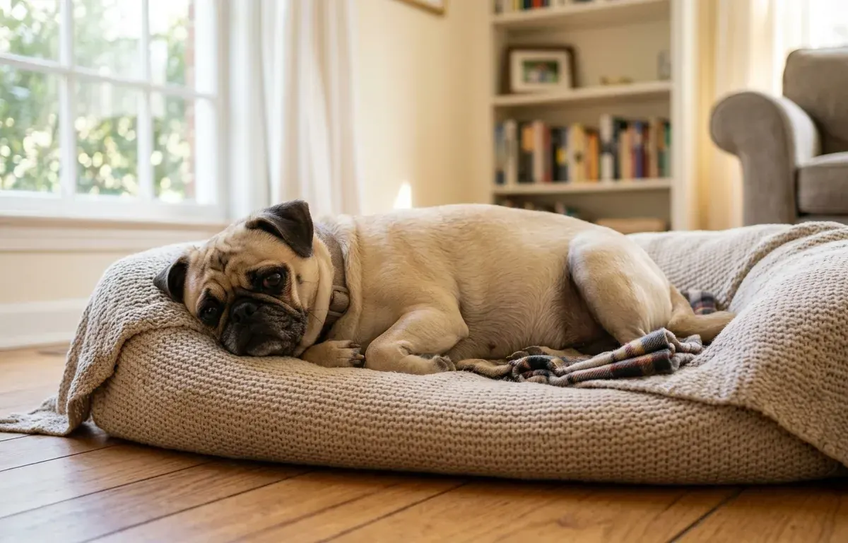 A pregnant female Pug resting comfortably on a dog bed in a cozy room.