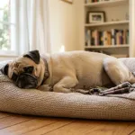 A pregnant female Pug resting comfortably on a dog bed in a cozy room.