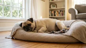 A pregnant female Pug resting comfortably on a dog bed in a cozy room.