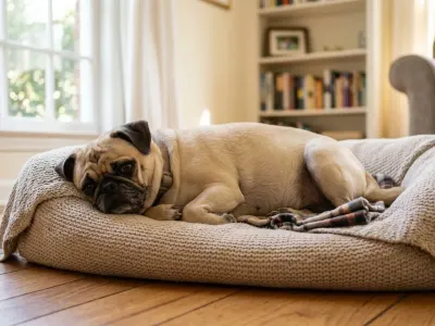 A pregnant female Pug resting comfortably on a dog bed in a cozy room.