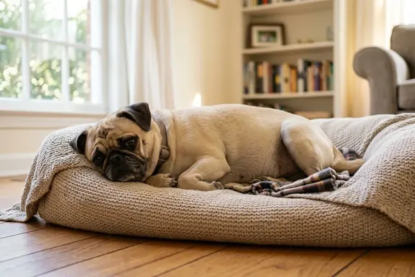 A pregnant female Pug resting comfortably on a dog bed in a cozy room.