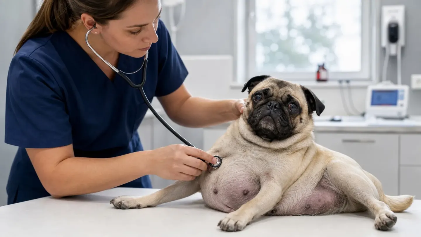 A veterinarian performing a health examination on a pregnant Pug.