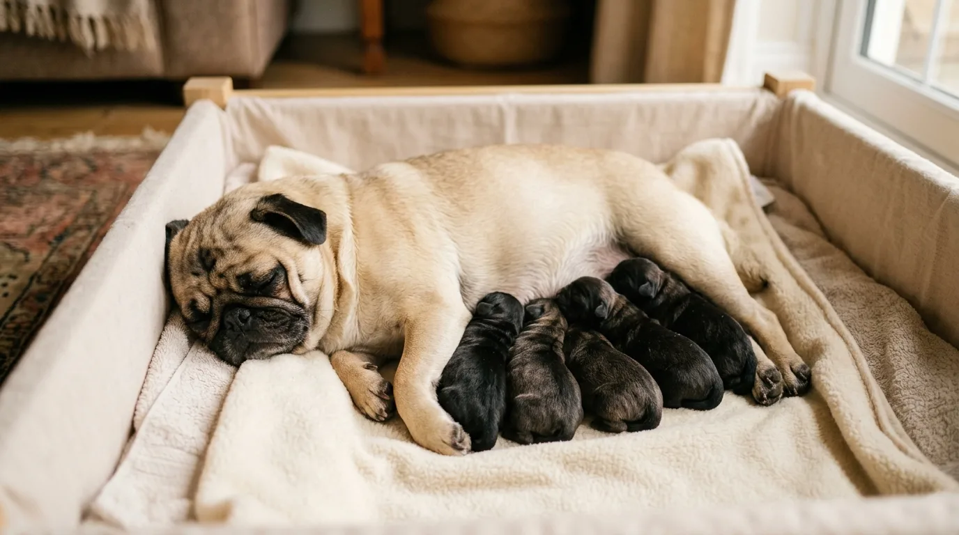A mother Pug resting with her newborn puppies in a cozy whelping box.