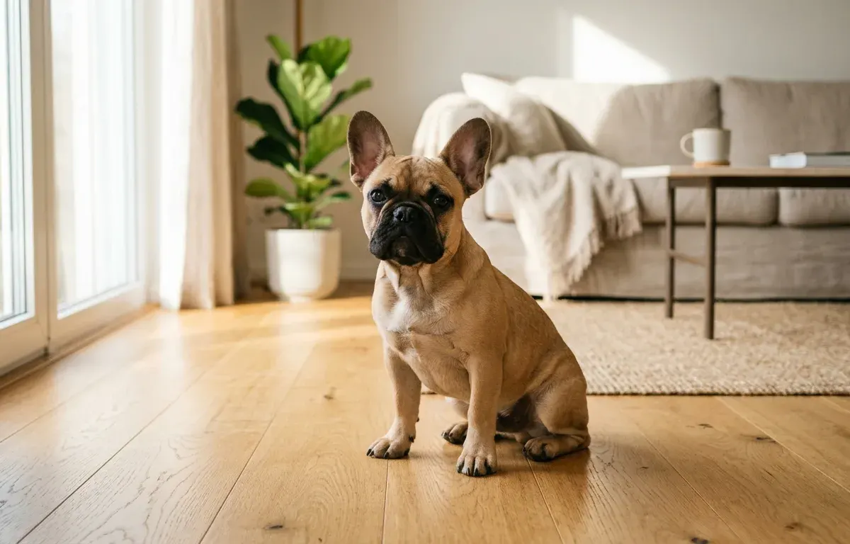 A healthy fawn French Bulldog sitting in a sunlit modern living room.