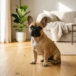 A healthy fawn French Bulldog sitting in a sunlit modern living room.